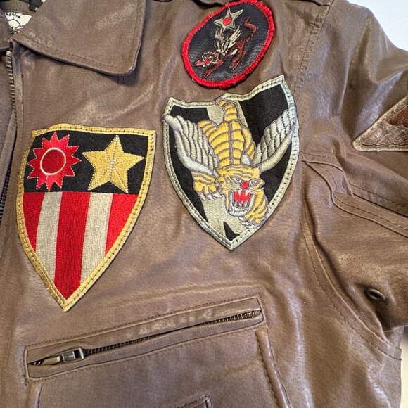 Vintage 80s Excelled Leather Bomber Jacket Patched Top Gun Flight A-2 Map Lining - Picture 7 of 12